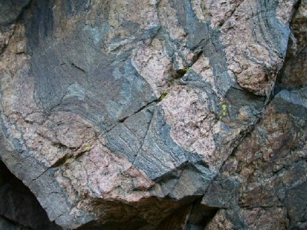 Apex Trail gneiss exposure close-up with feldspar and quartz Gneiss exposure along the Apex Trail